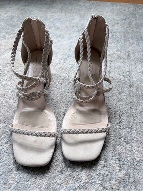 Braided Lace-Up Heeled Sandals in Light Beige